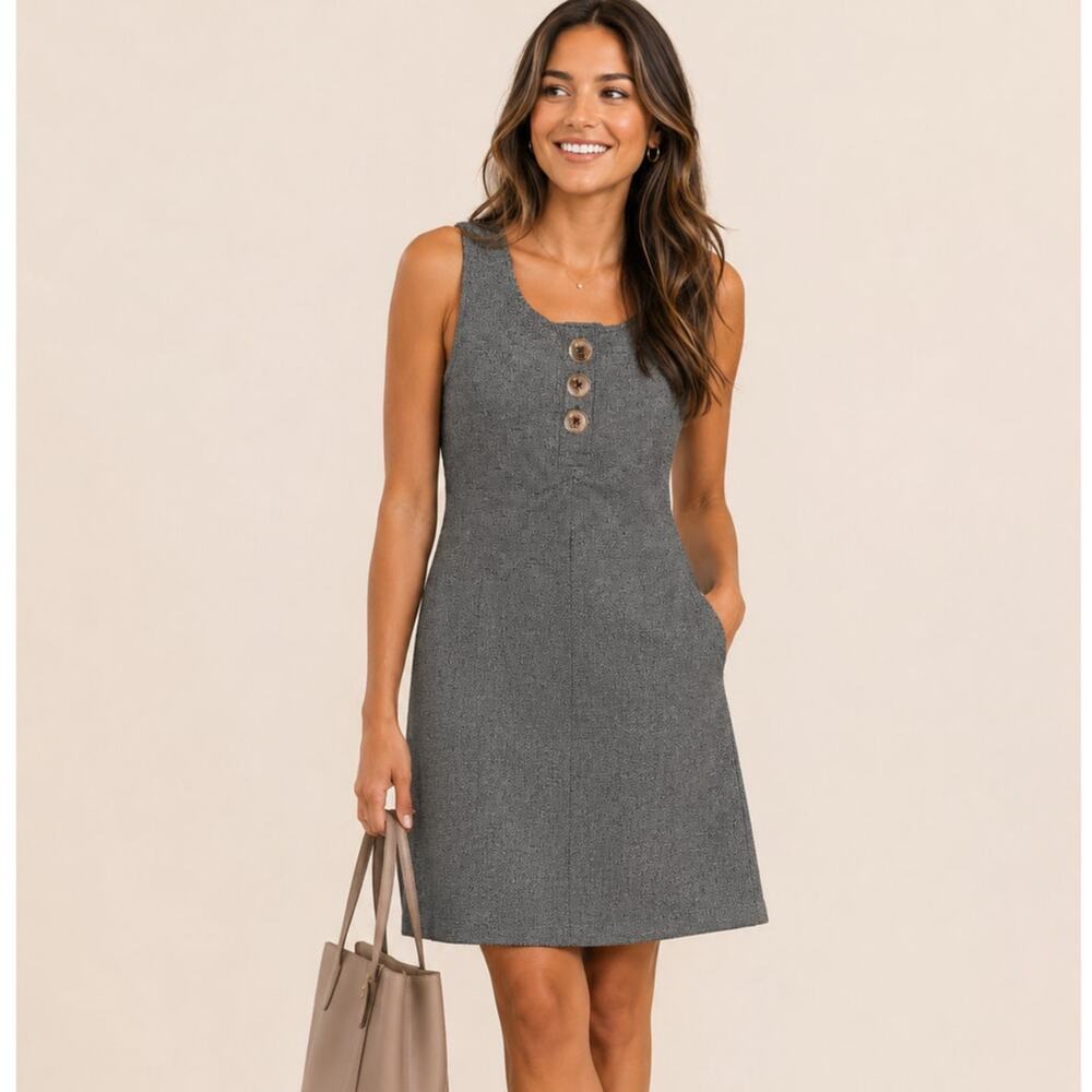 Michael Kors Sleeveless Heathered Gray Dress Large Silver Button SM P